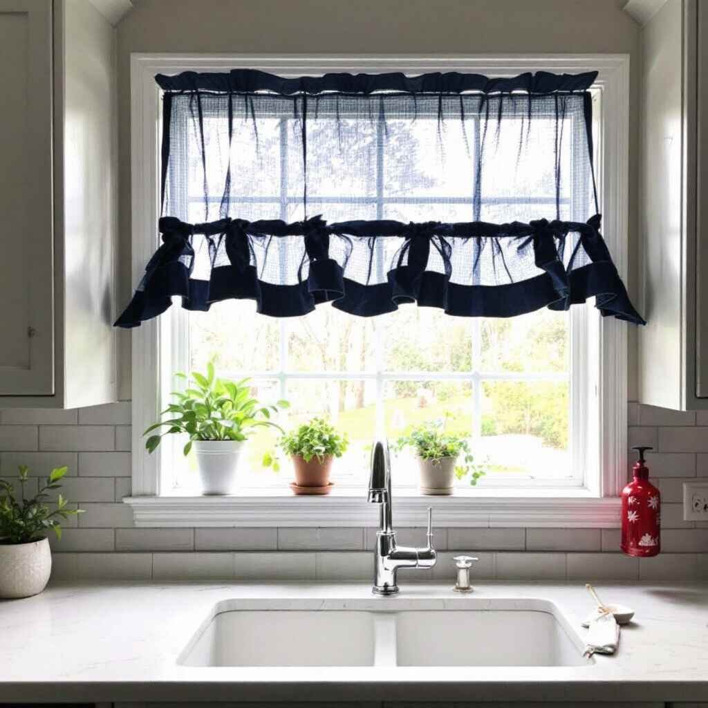 small navy blue swags for kitchen windows over sink