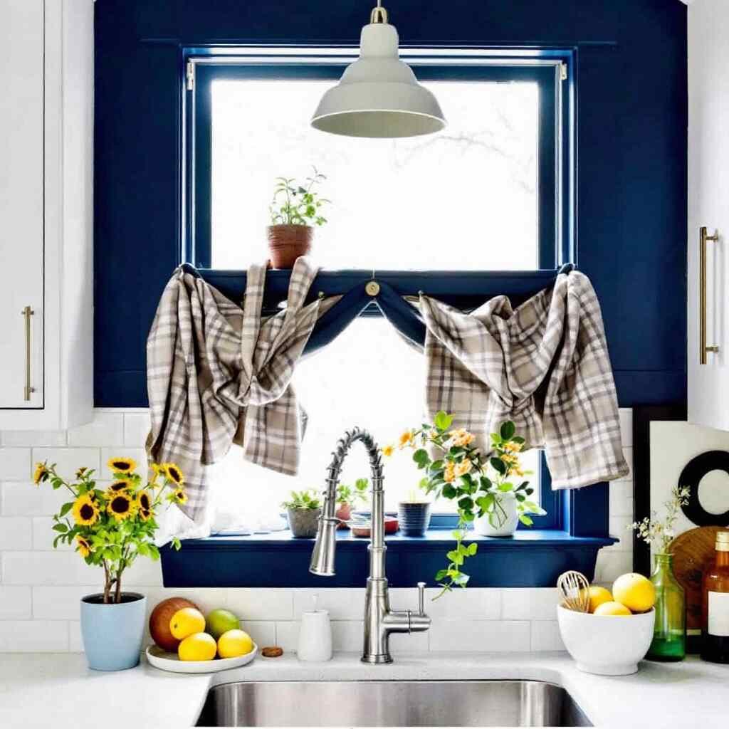 small navy blue swags for kitchen windows over sink