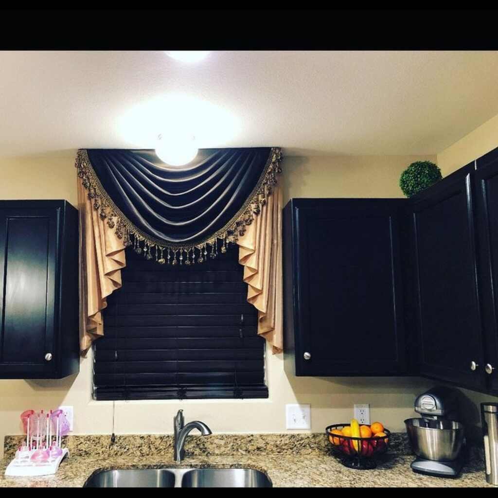 small navy blue swags for kitchen windows over sink