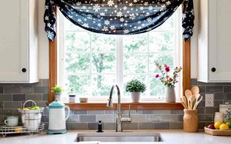 small navy blue swags for kitchen windows over sink