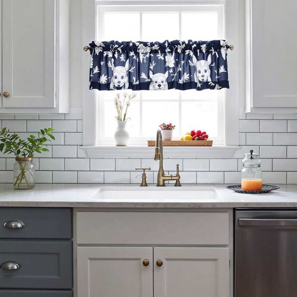 small navy blue swags for kitchen windows over sink