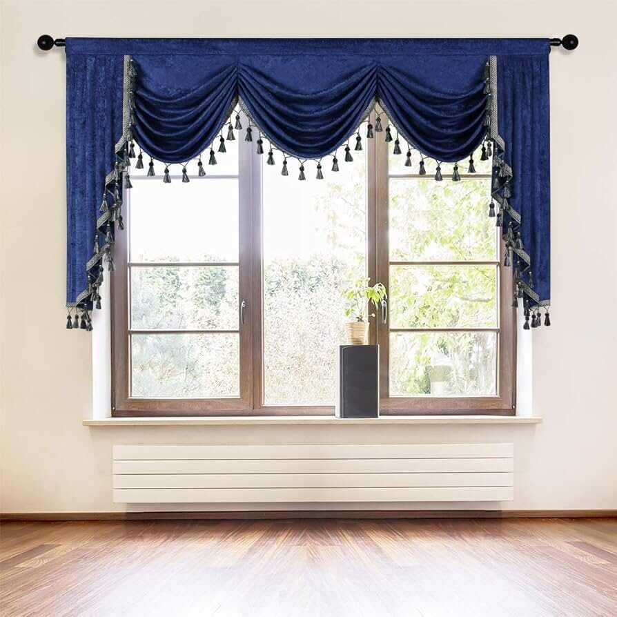 small navy blue swags for kitchen windows over sink