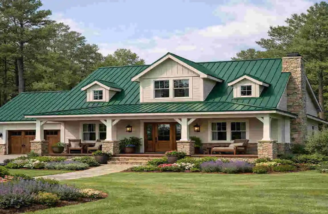what color exterior home goes with a green metal roof
