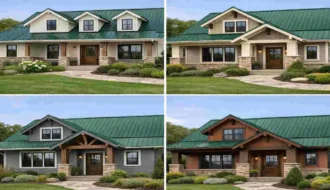 what color exterior home goes with a green metal roof